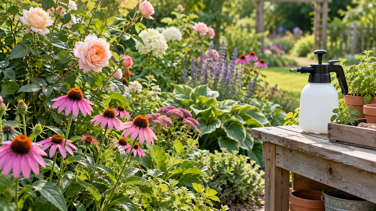 Colorful flower garden with a clean garden sprayer beside the potting bench