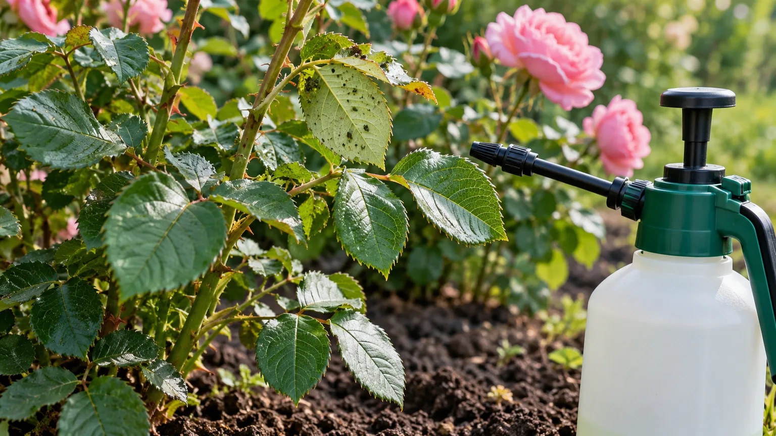 A garden sprayer applying a targeted foliar treatment to roses outdoors