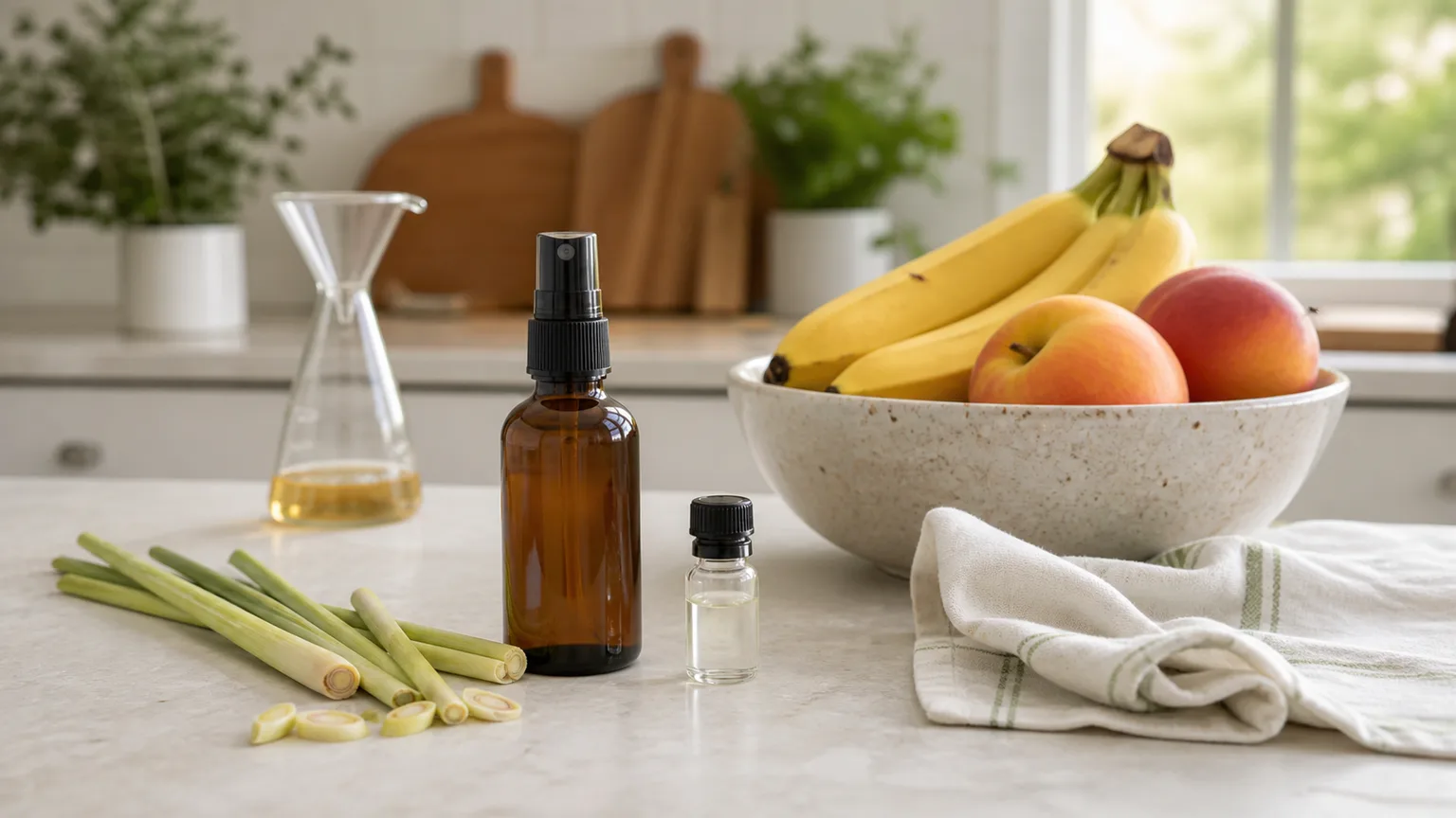Homemade lemongrass fruit fly spray, vinegar funnel trap, and fruit bowl on a bright kitchen counter