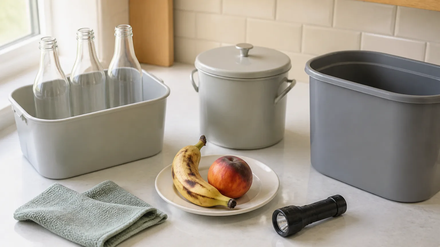Overripe fruit, rinsed bottles, covered food-scrap crock, and flashlight arranged for a kitchen source audit