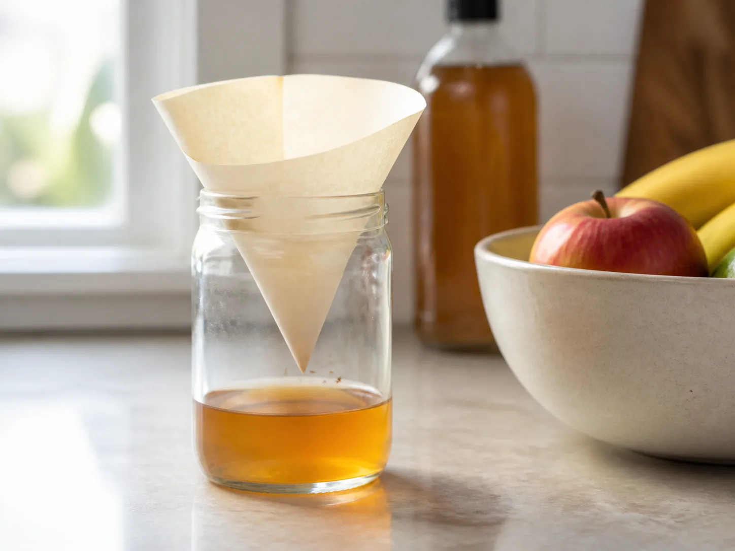 Paper funnel set above apple cider vinegar in a clear jar to trap adult fruit flies