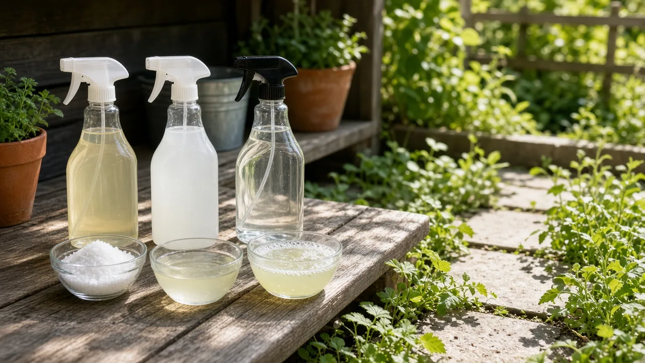 Spray bottles and household ingredients arranged for a weed-control comparison