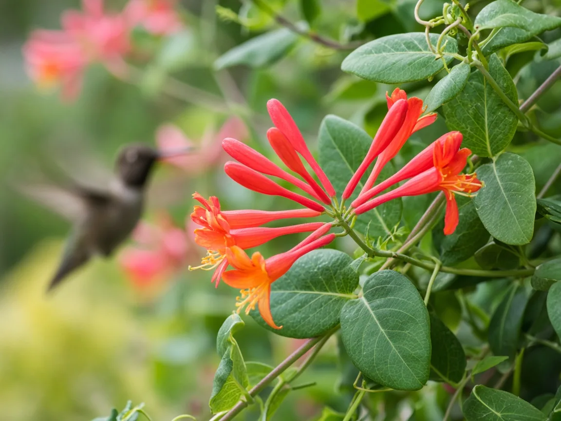 Close view of coral honeysuckle tubular flowers in red and yellow on a twining vine