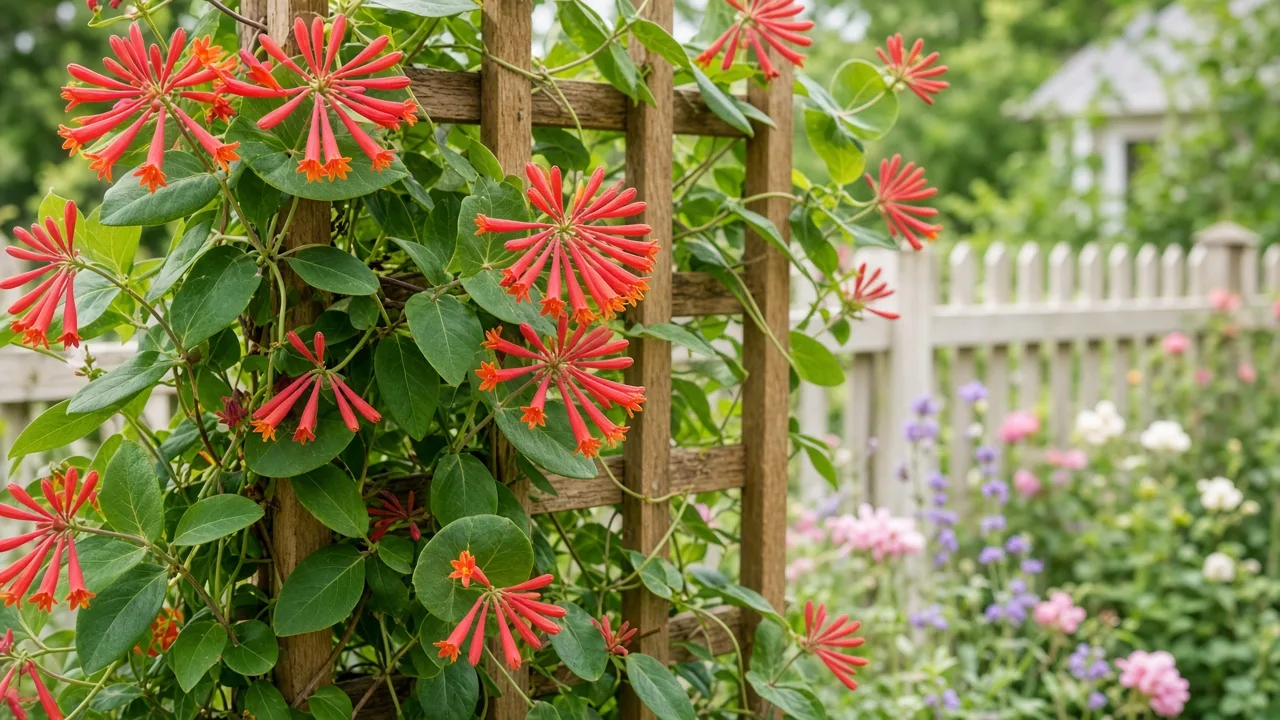 Coral honeysuckle vine with red-orange trumpet flowers climbing a garden trellis