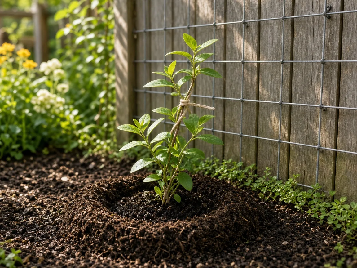 Young honeysuckle vine planted at the base of a wire trellis with mulch ring