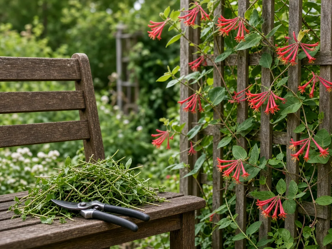 Honeysuckle vine on a trellis with pruning tools and trimmings nearby
