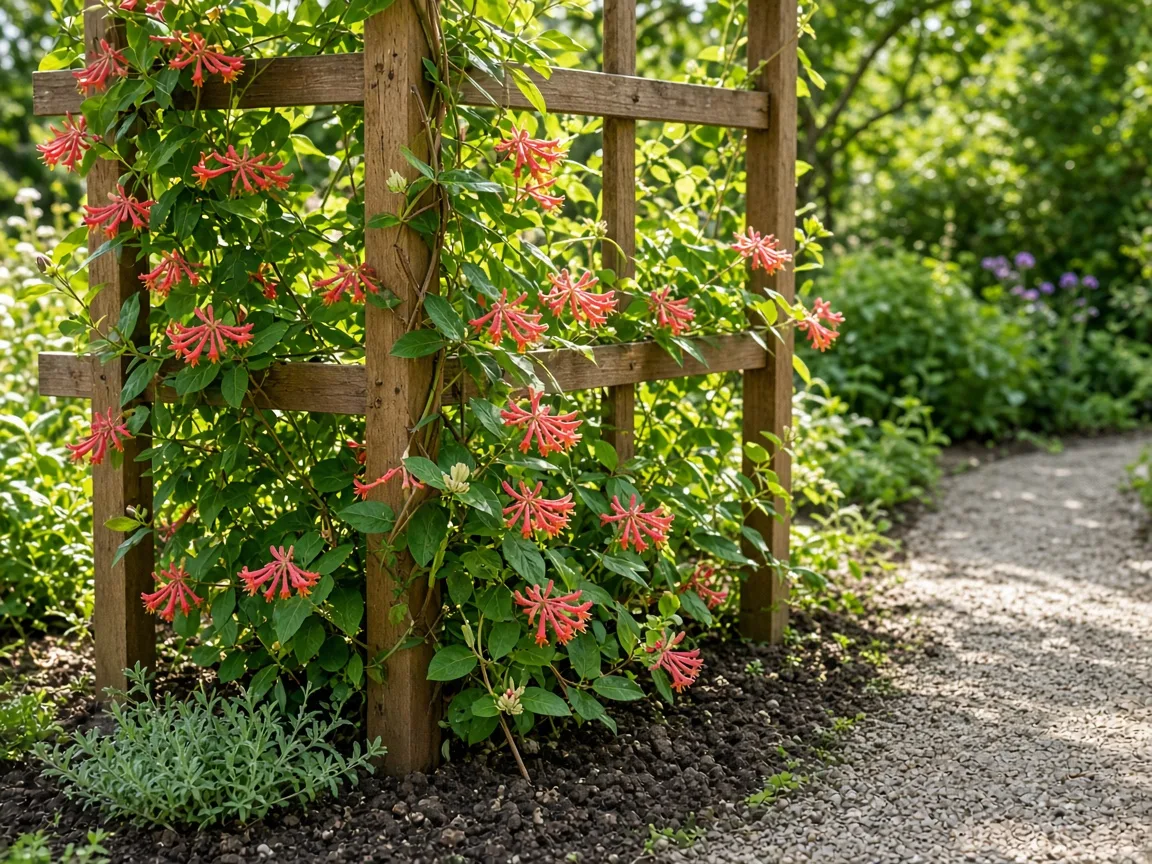 A flowering vine trained across a garden trellis beside a walking path.