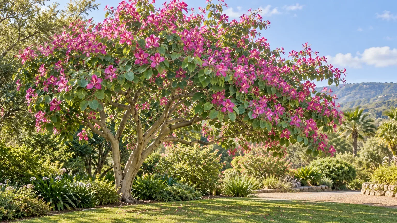 Hong Kong orchid tree with a broad canopy and rose-magenta flowers in a sunny subtropical garden