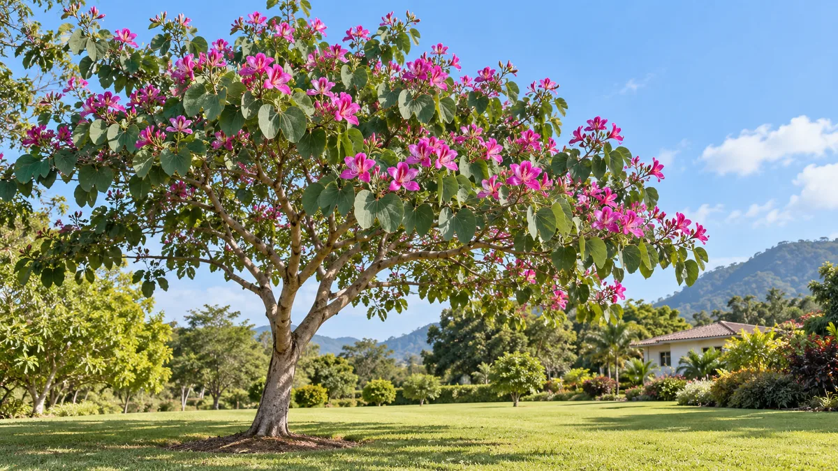 Hong Kong orchid tree growing in a sunny, open subtropical landscape with space around its canopy
