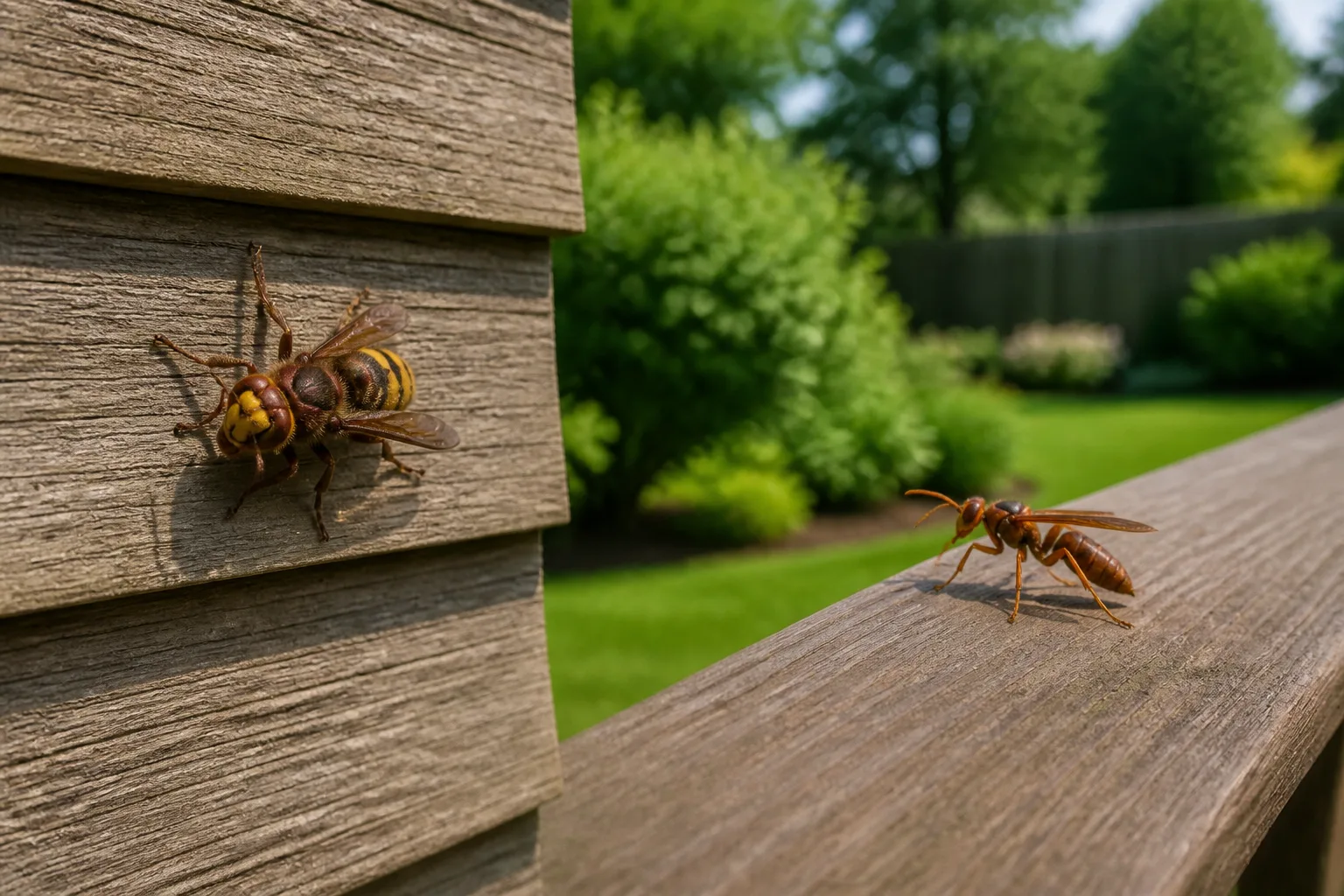 Large social wasp on weathered wood siding beside a suburban porch, illustrating yard stinging-insect identification