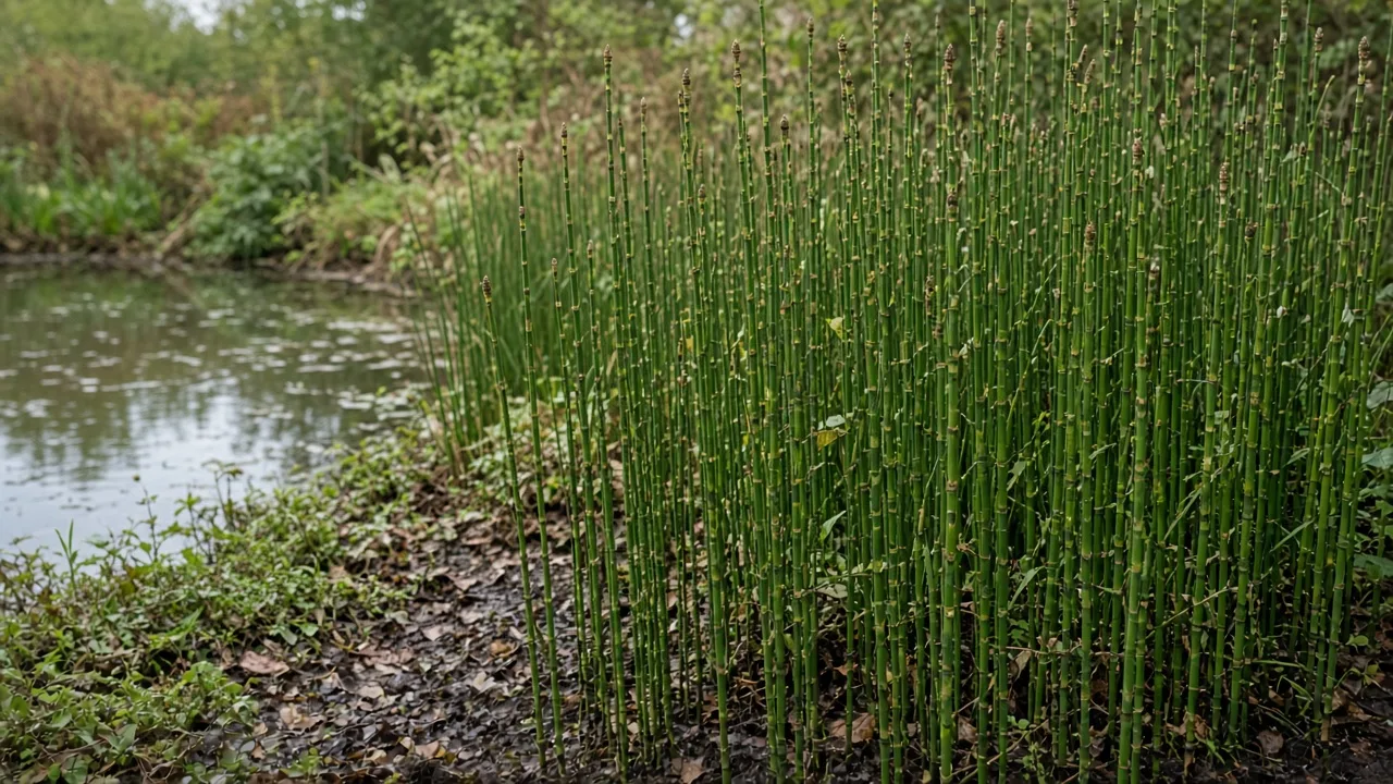 Rough horsetail growing in a contained pot beside a pond