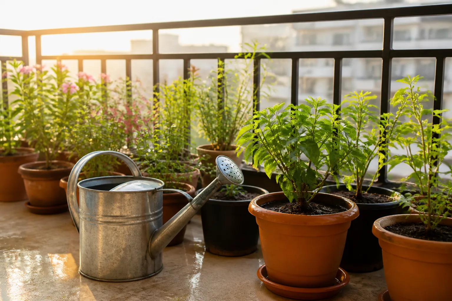 Watering can beside balcony pots in early morning heat