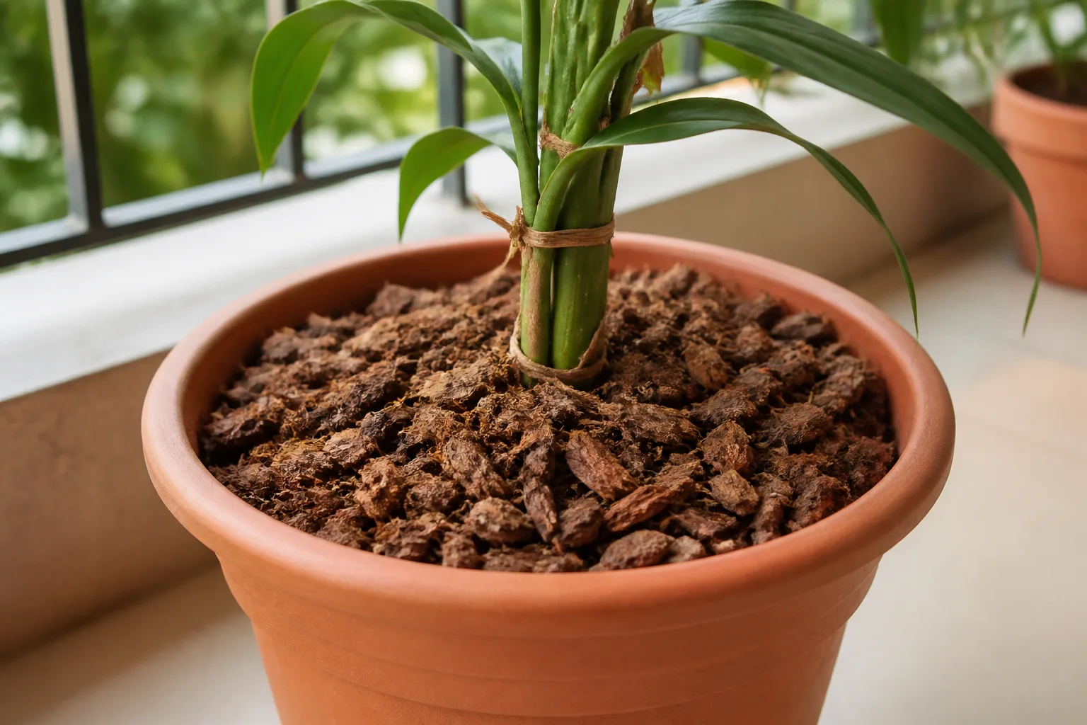 Container pot with mulch covering the soil surface to slow dry-down