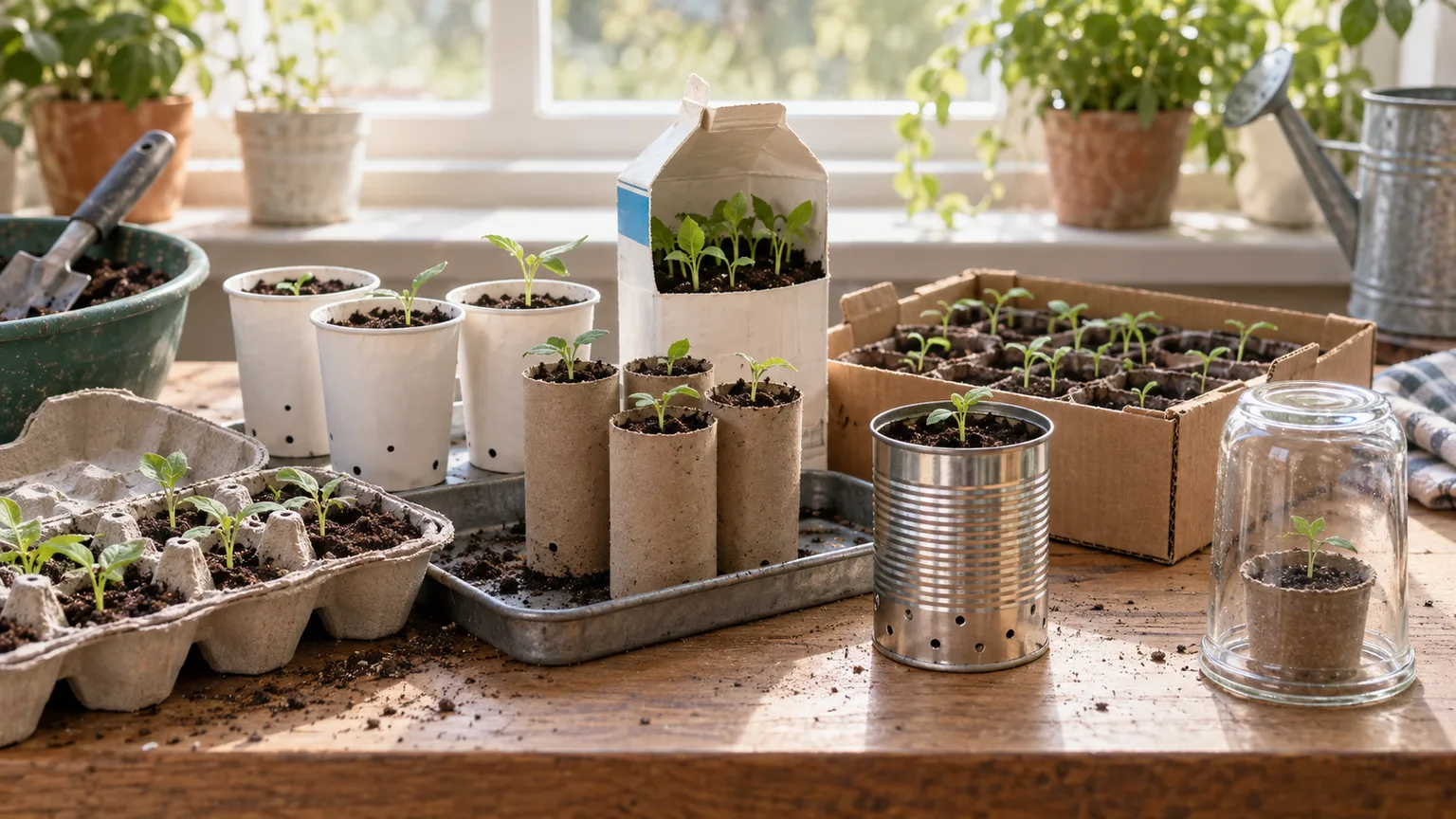 Recycled household containers filled with seed-starting mix and young seedlings on a bright potting bench