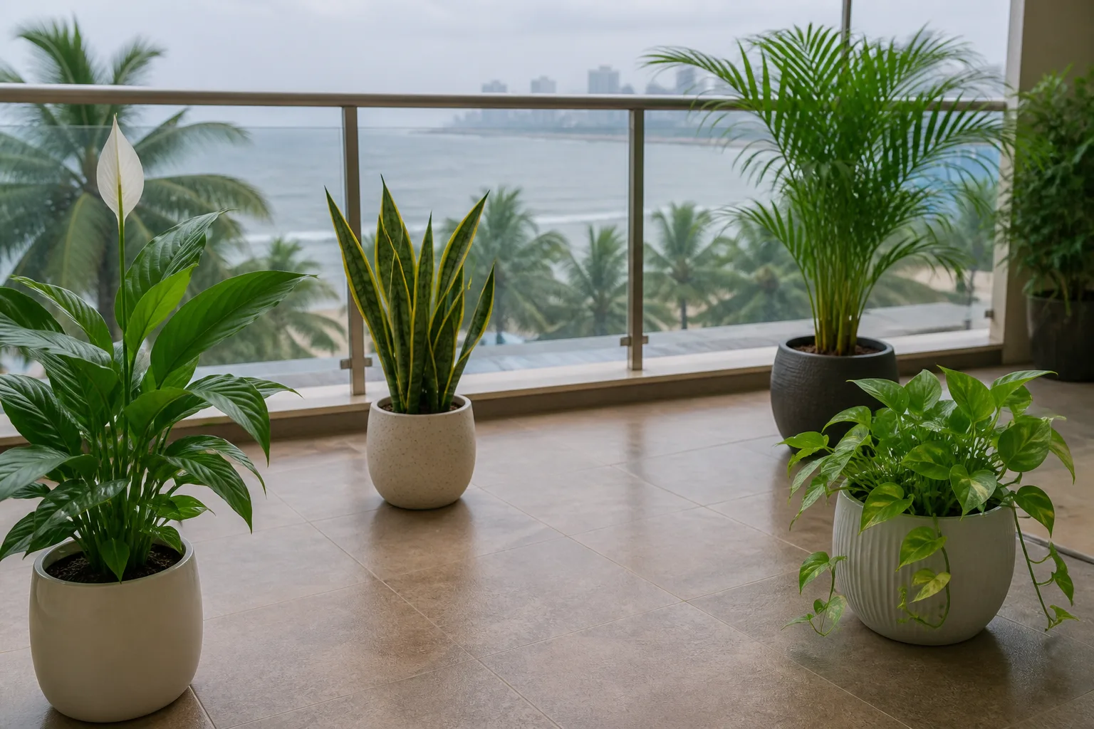 Spaced pots with open airflow on a humid coastal balcony
