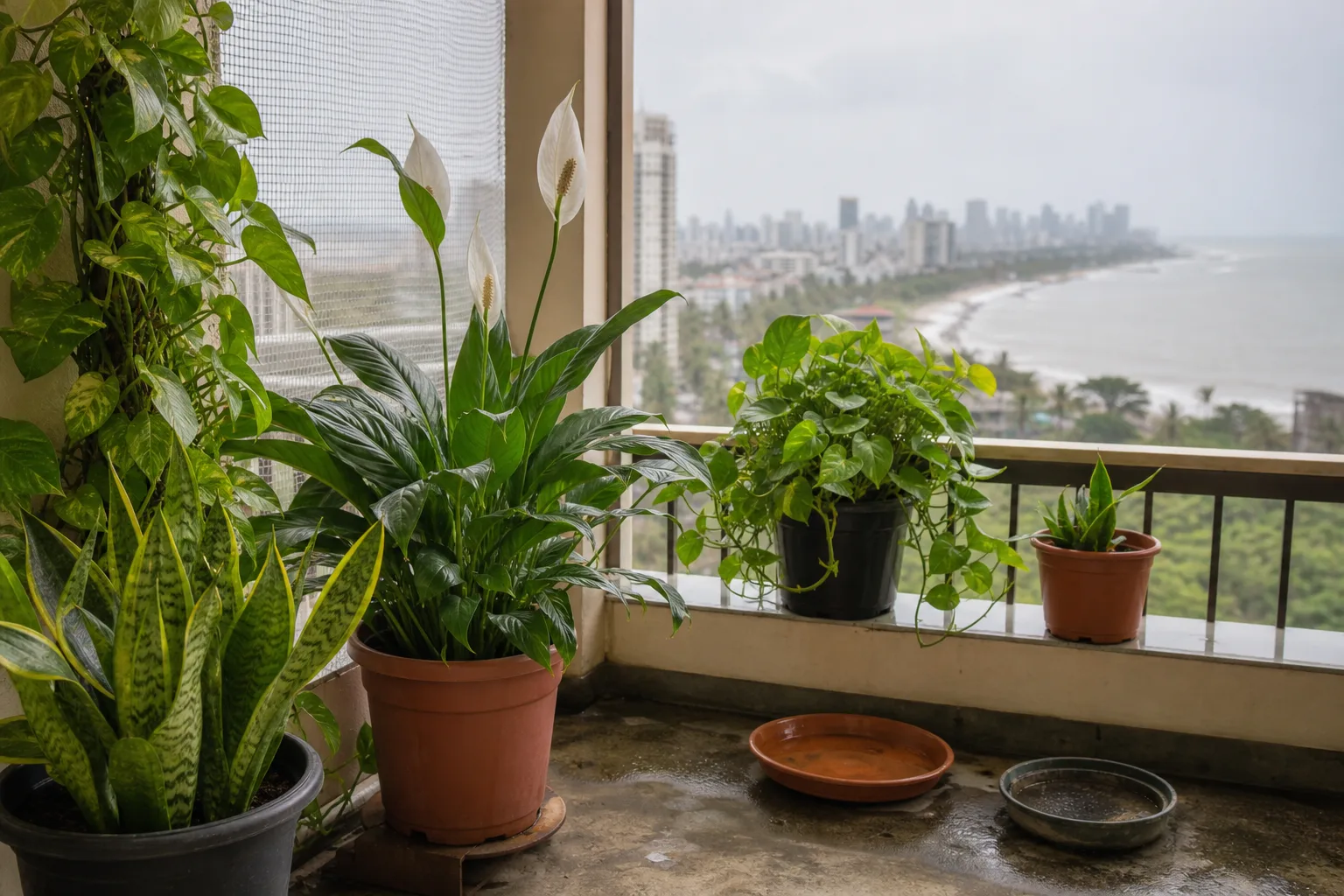 Potted houseplants on a humid coastal Indian balcony with soft sea haze beyond the rail