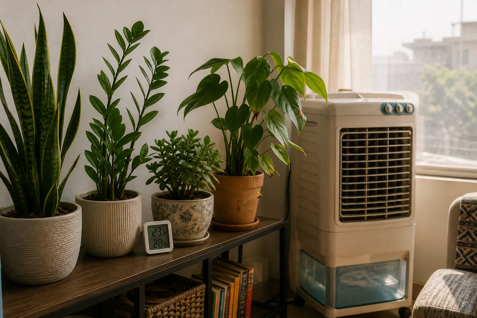 Hardy houseplants near a desert cooler with a shelf hygrometer in a dry Indian apartment