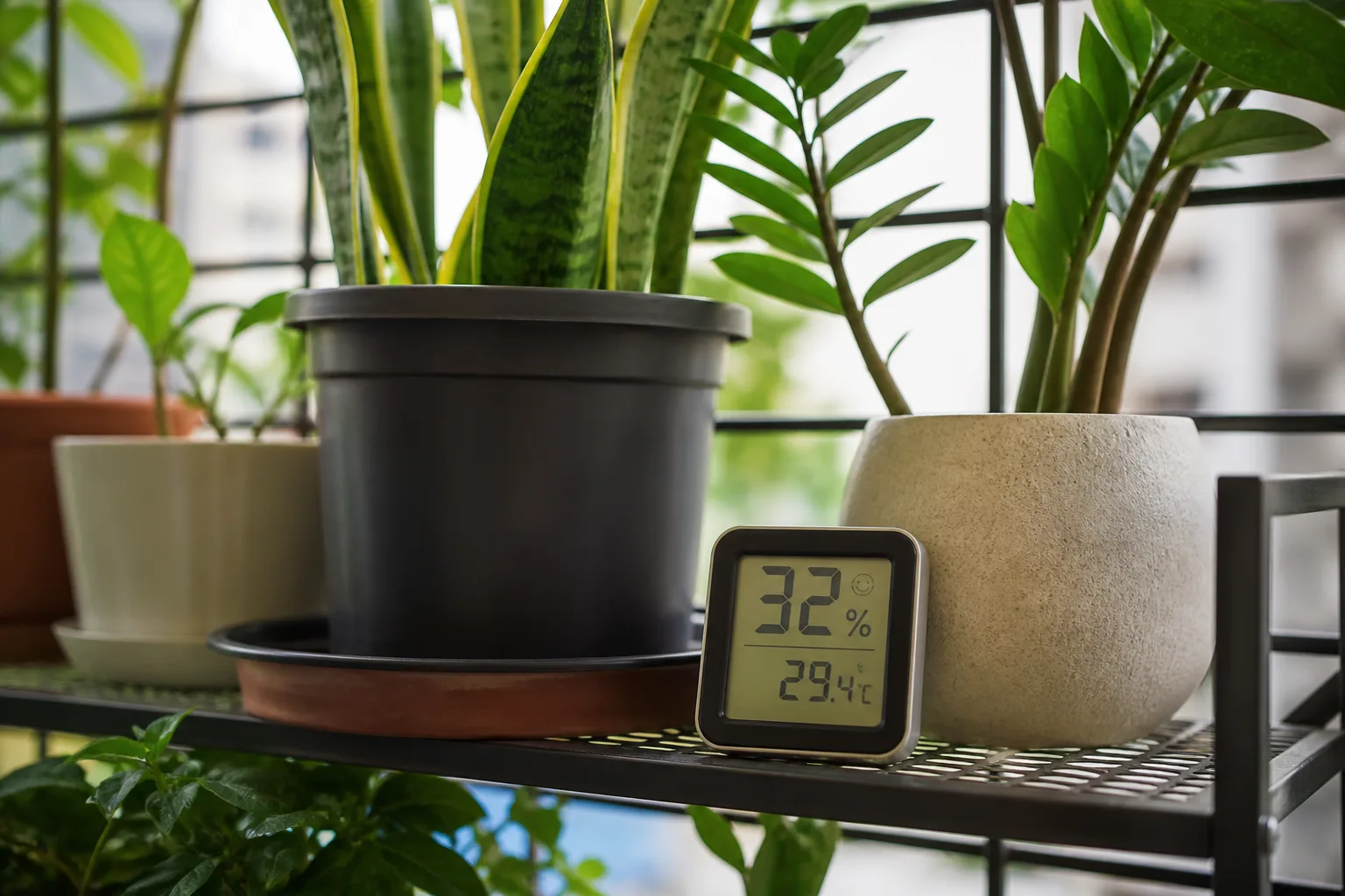Digital hygrometer on a dry-climate plant shelf at foliage height