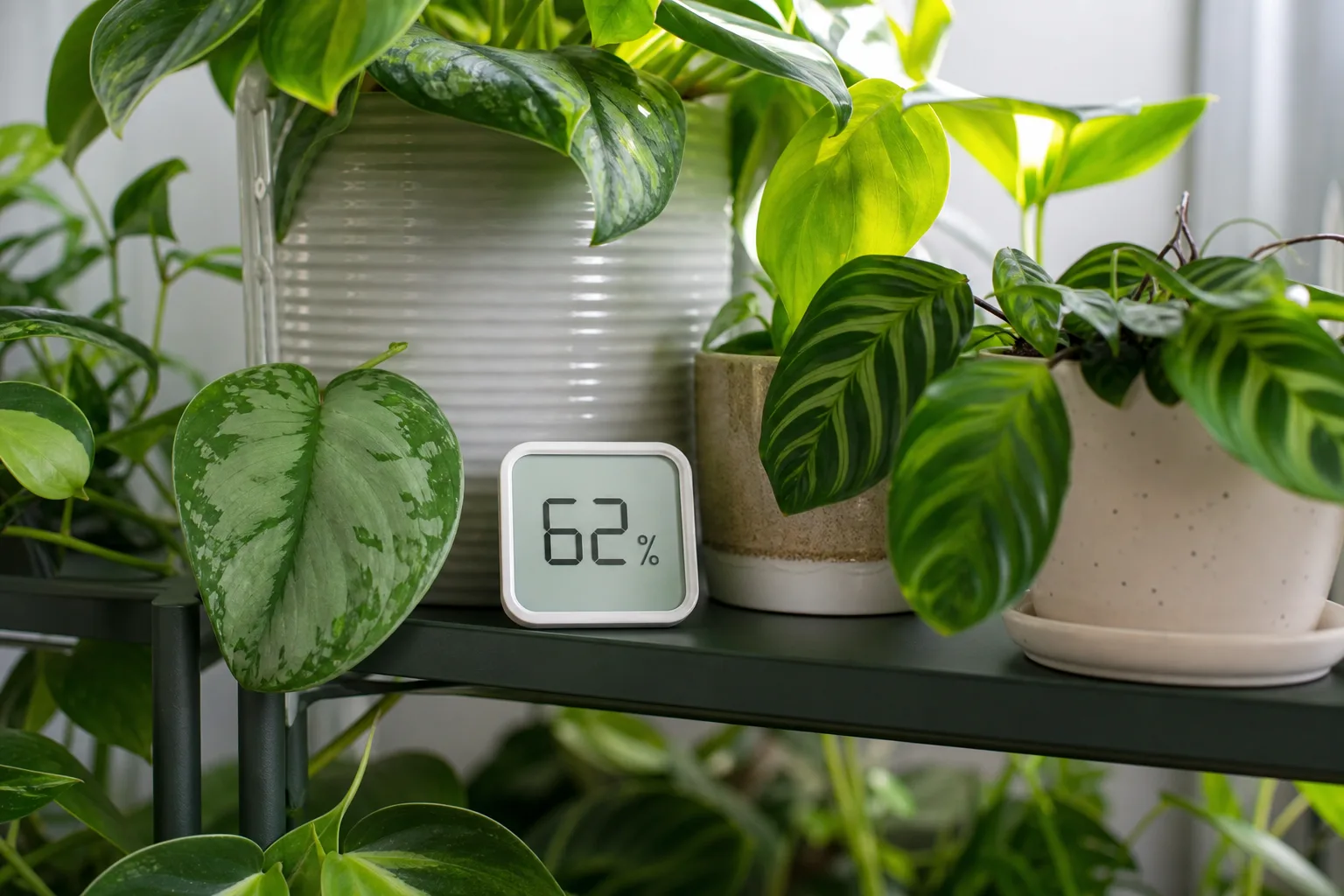 Digital hygrometer among tropical houseplant foliage on a plant shelf