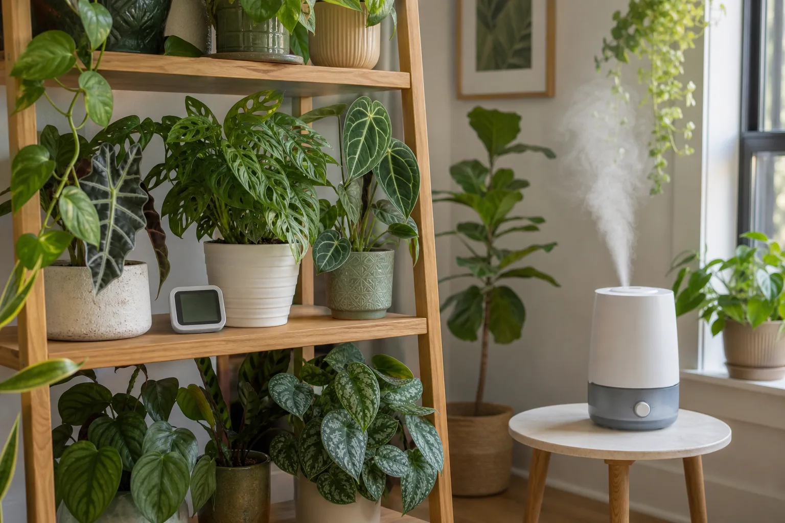 Grouped houseplants on tiered shelves forming a dense vertical display