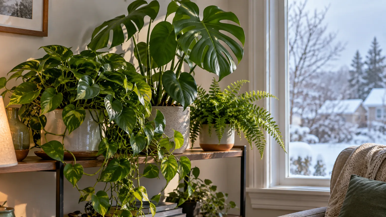 Healthy houseplants gathered near a bright winter window, safely set back from the cold glass