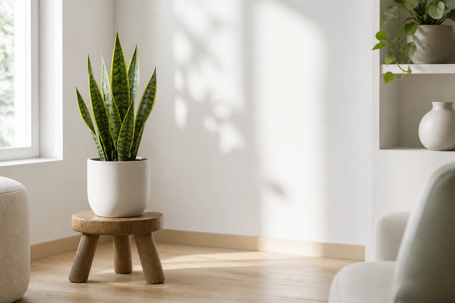 Single snake plant in a white ceramic pot on a wooden stool in a calm minimalist living room with soft daylight