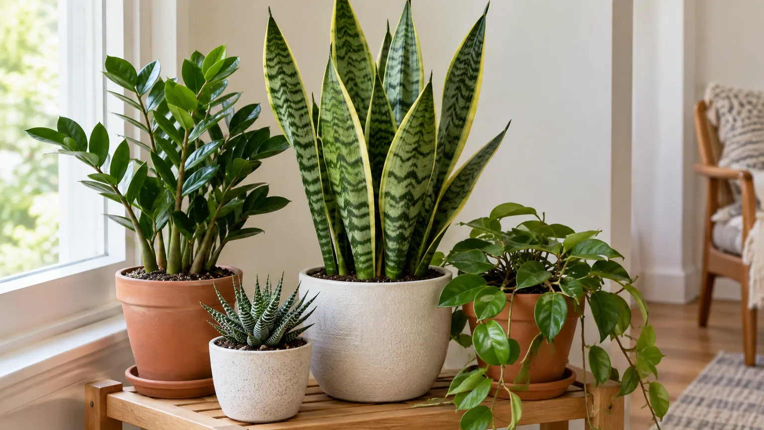 Snake plant displayed with separate ZZ plant, Haworthia, and trailing Hoya pots