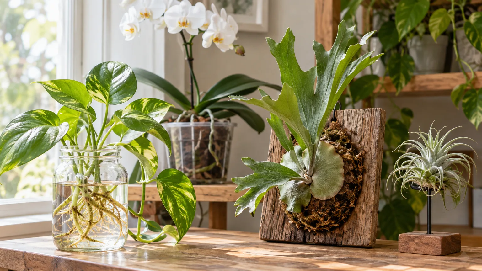 Pothos rooted in water beside a mounted staghorn fern, orchid, and air plant