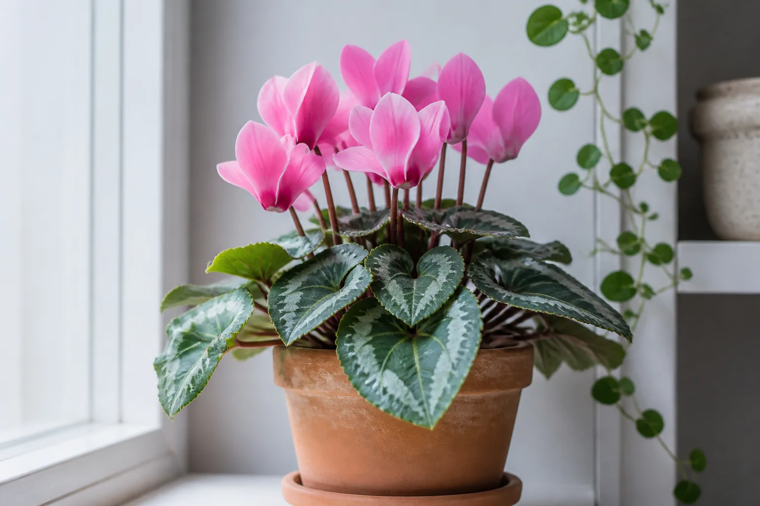 Pink flowering cyclamen with patterned leaves in a cool bright indoor spot