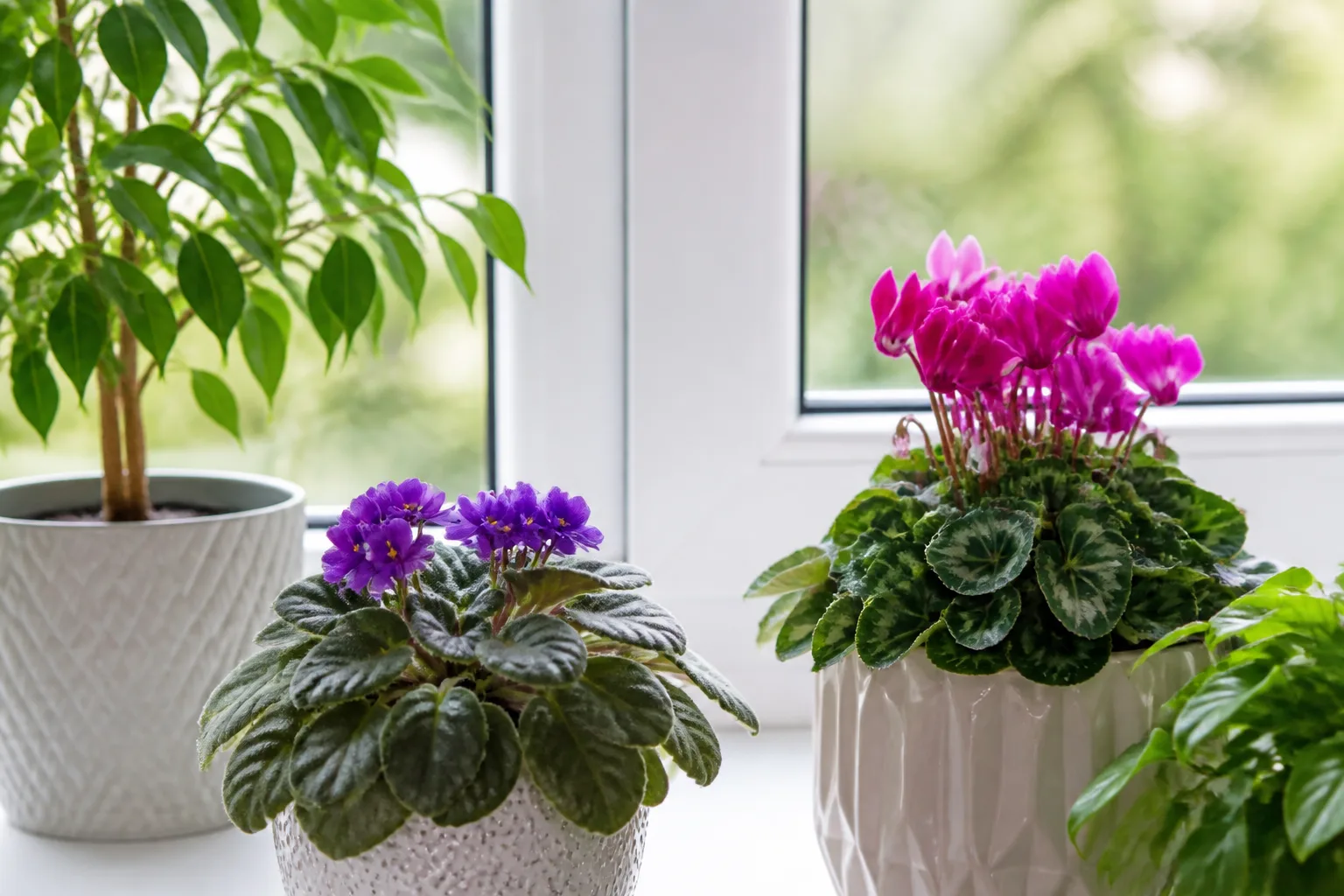 Healthy houseplants including African violet and cyclamen on a bright indoor windowsill in filtered summer daylight