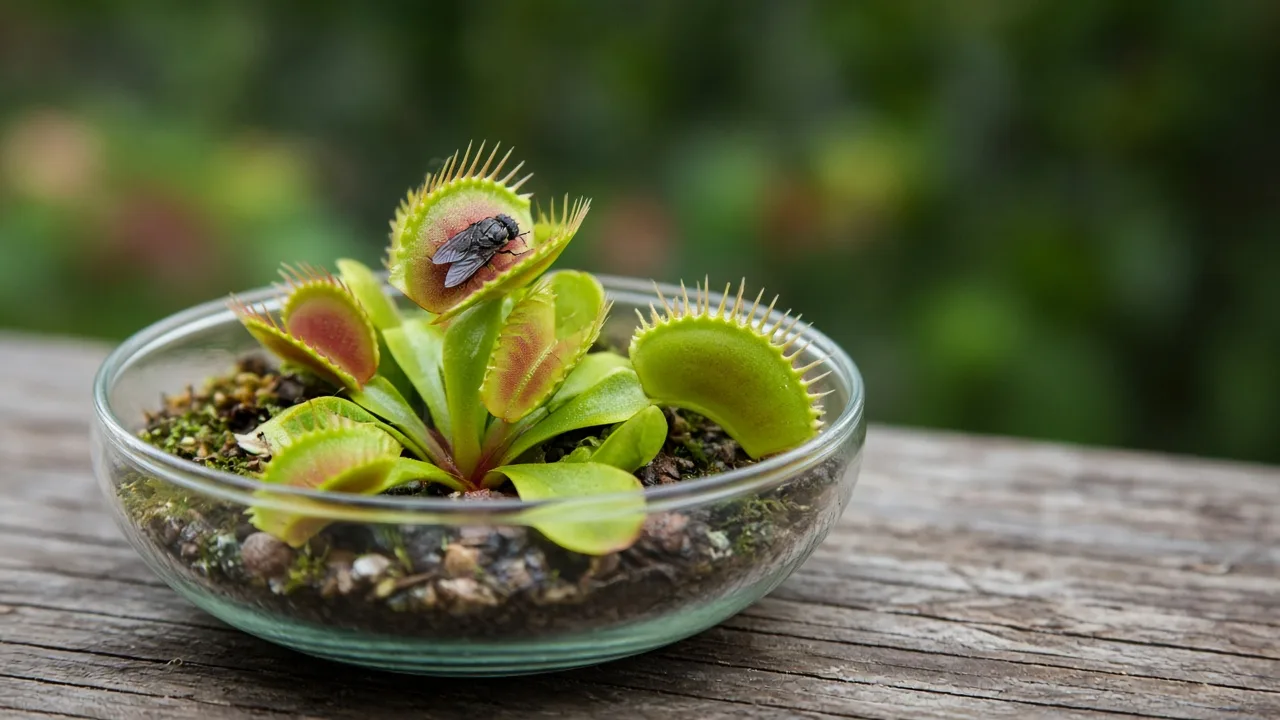 Healthy Venus flytrap with open red-lined traps and a white flower