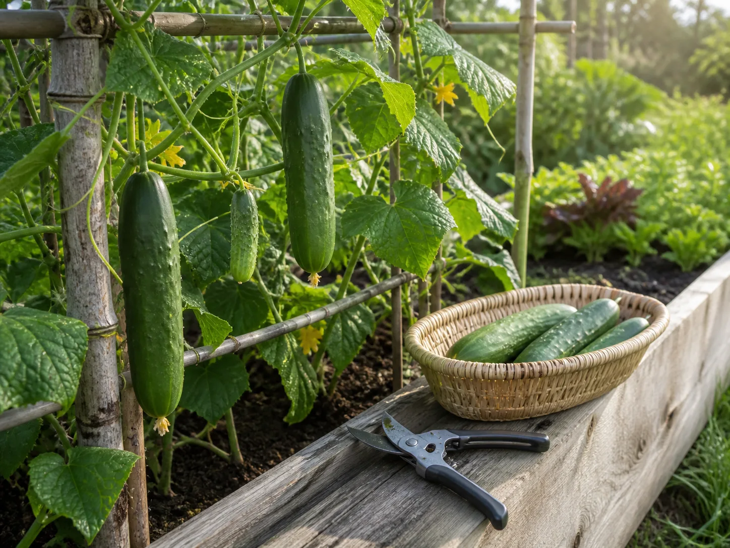 Harvest-ready cucumbers hanging from a trellis beside a basket and clean pruning snips