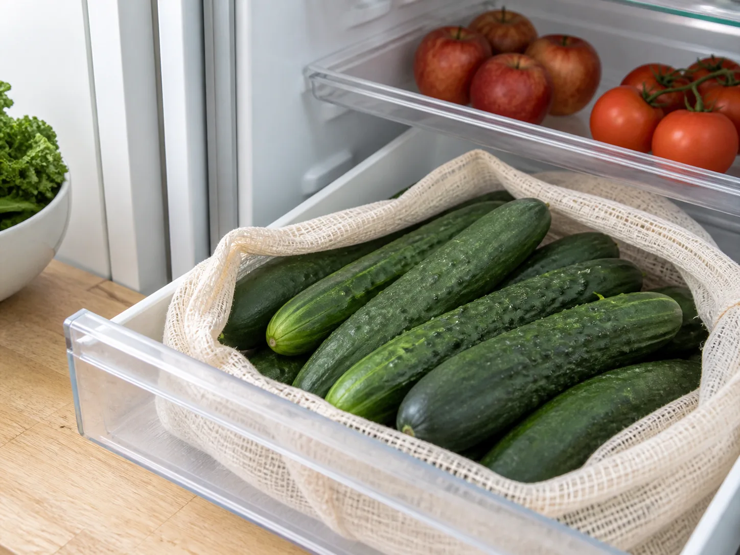 Unwashed cucumbers stored in a breathable bag in a humid refrigerator crisper