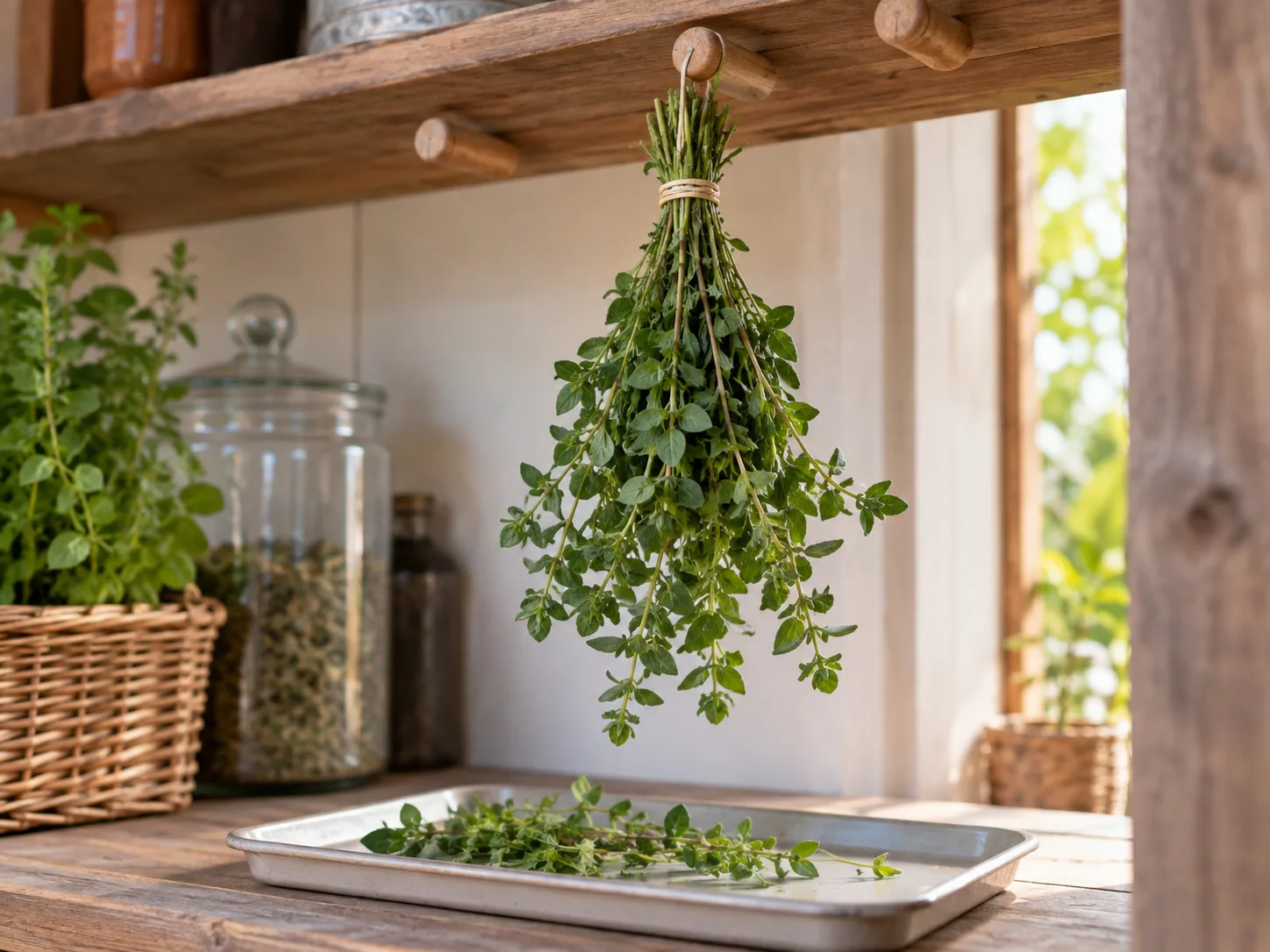 Small oregano stems hanging in a loose bundle in a dry, shaded, well-ventilated pantry above a tray of loose sprigs