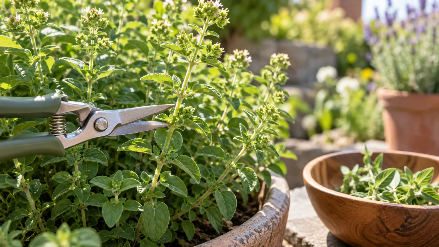 Sharp bypass snips positioned just above a leaf pair on a flowering oregano stem in a sunny container garden