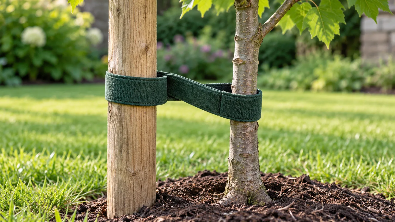 Broad flexible tree tie and spacer separating a young trunk from its stake