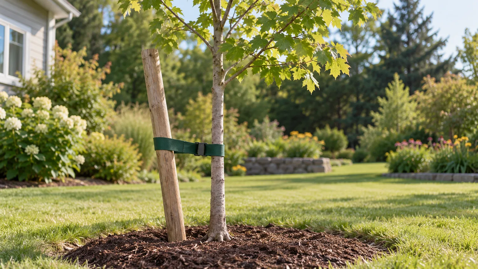 Young deciduous tree steadied by a single angled stake and flexible tie