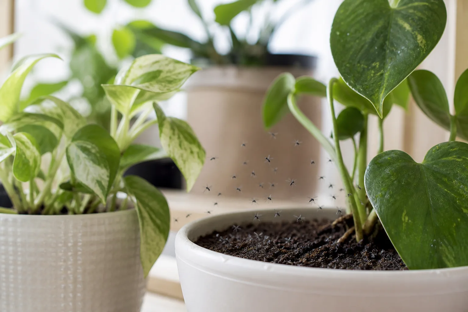 Tiny dark fungus gnat adults lifting from damp houseplant potting mix after watering