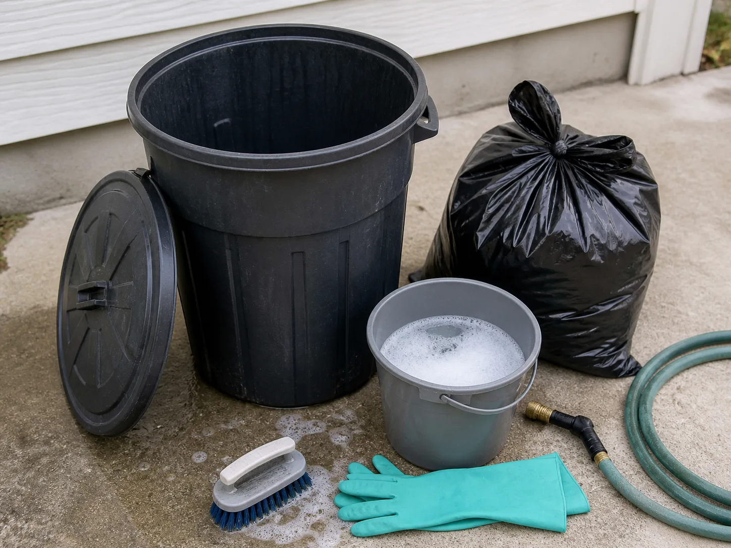 Scrubbing a kitchen trash can with soap and water