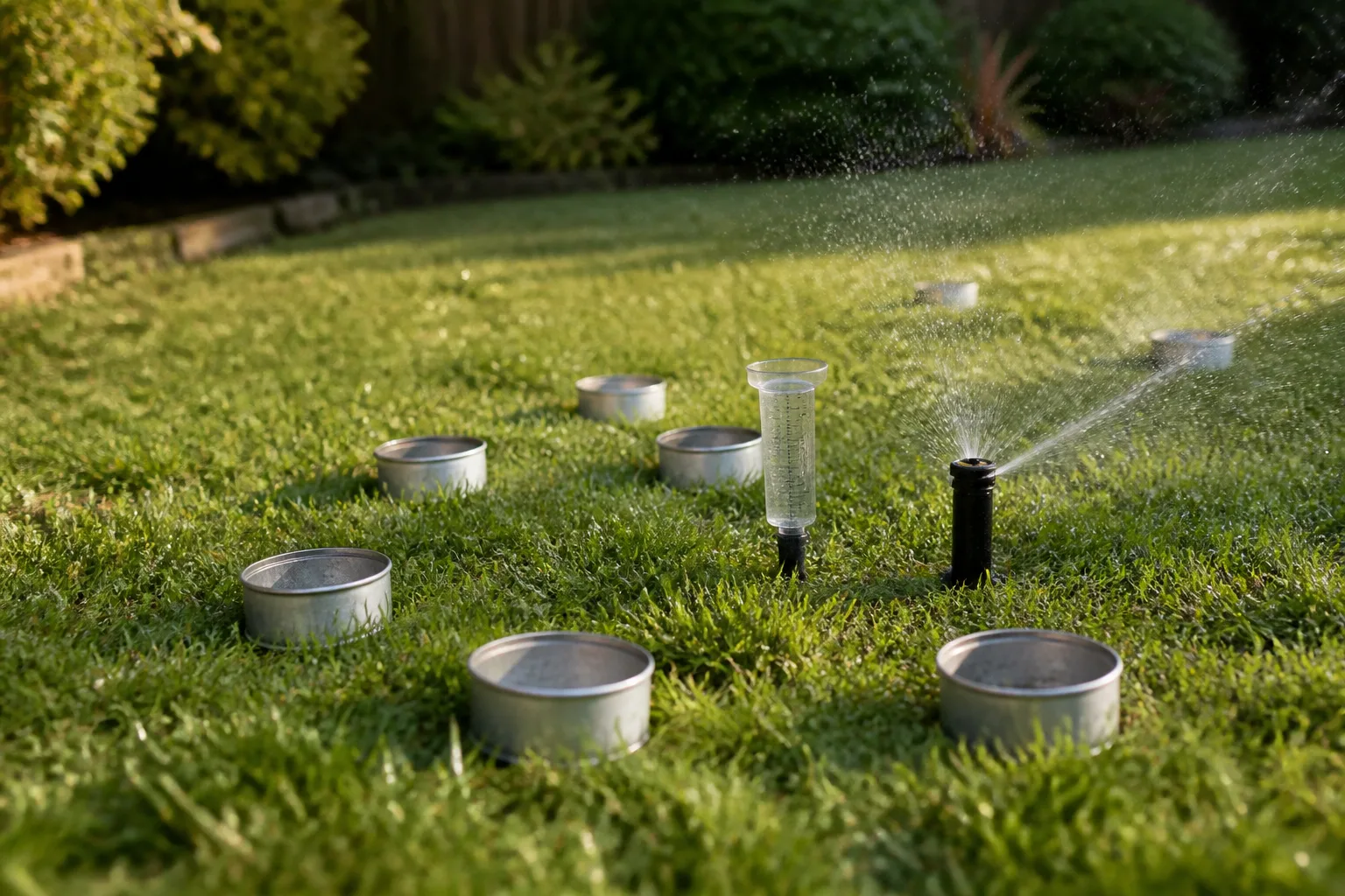 Straight-sided catch cans placed on a lawn to measure sprinkler output depth