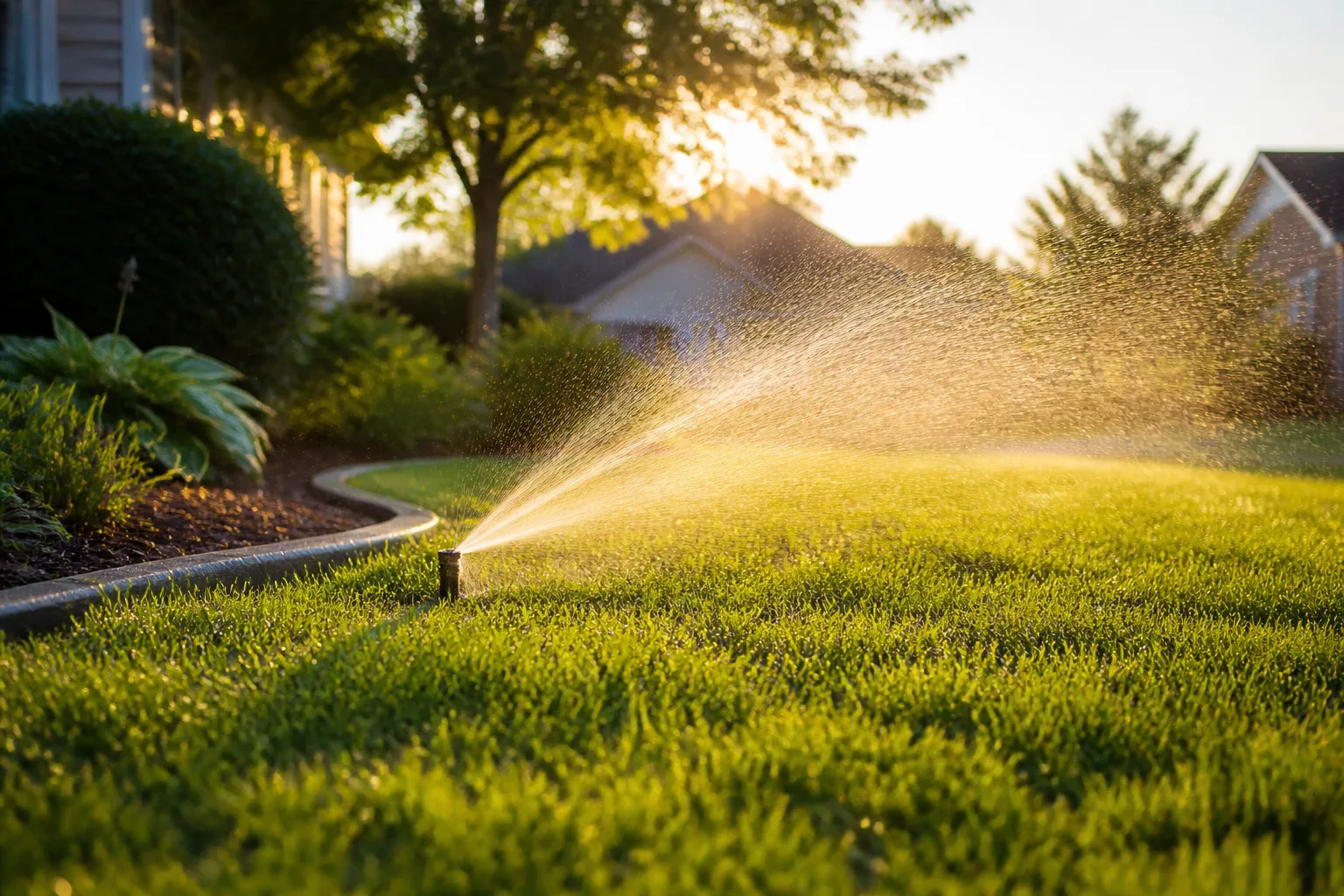 Green summer lawn with a pop-up sprinkler watering in early morning light
