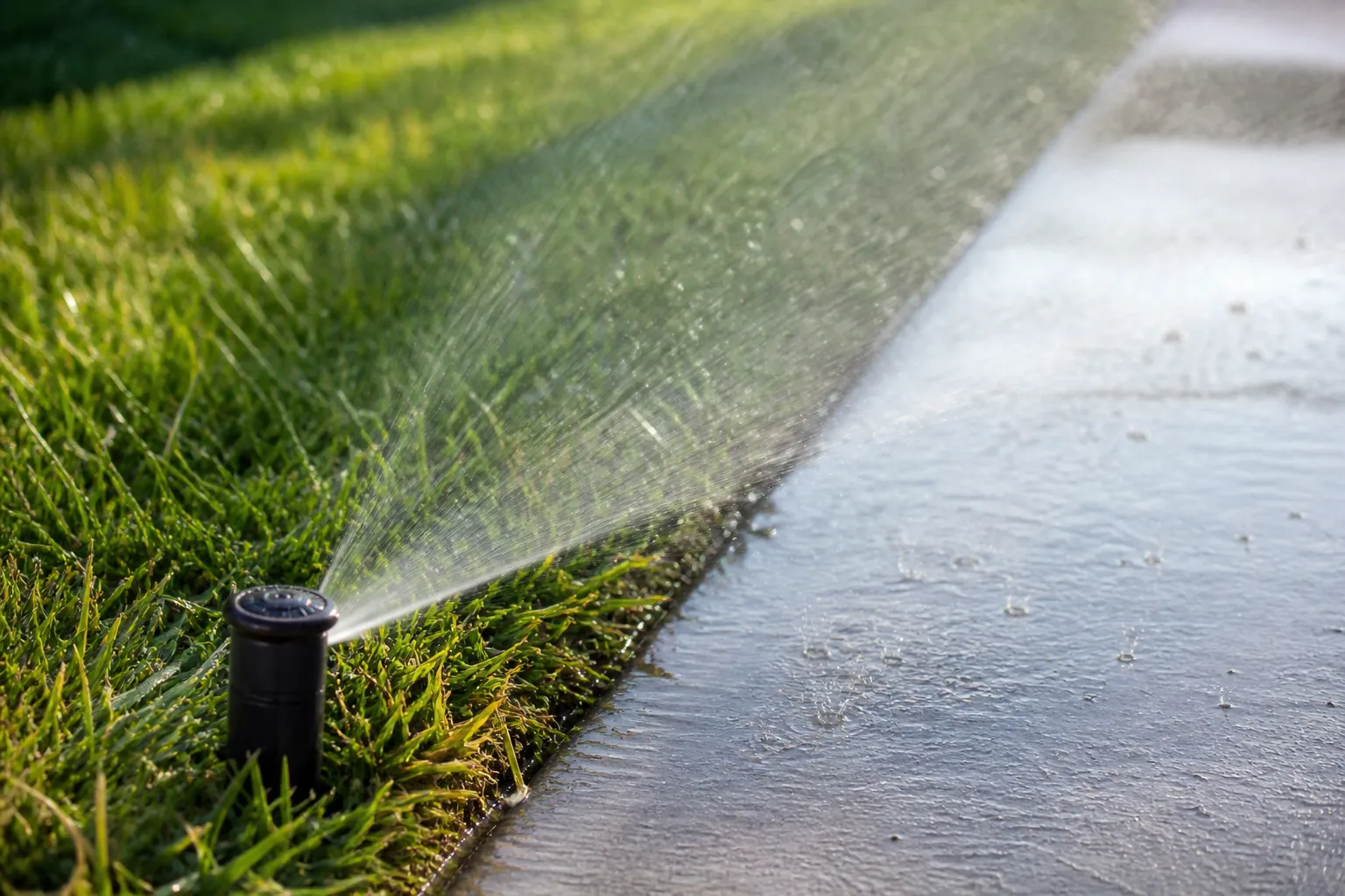 Homeowner checking pop-up sprinkler heads for overspray and uneven lawn coverage