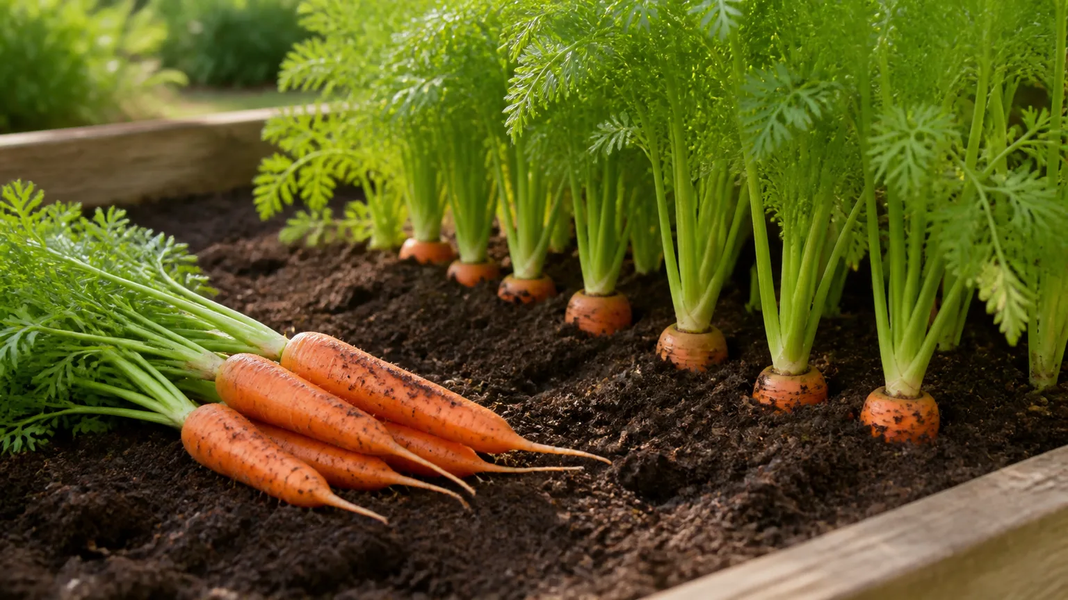 Orange carrots growing in a raised garden bed with harvested roots beside the row