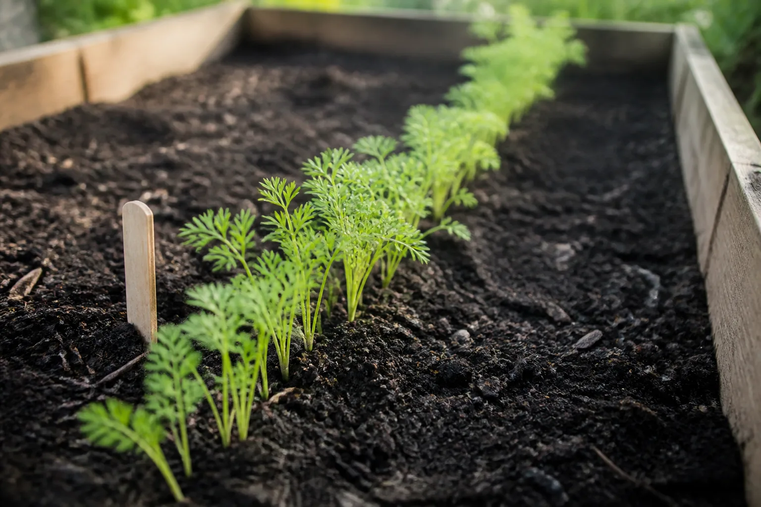 Carrot seedlings emerging in a straight, evenly spaced outdoor garden row