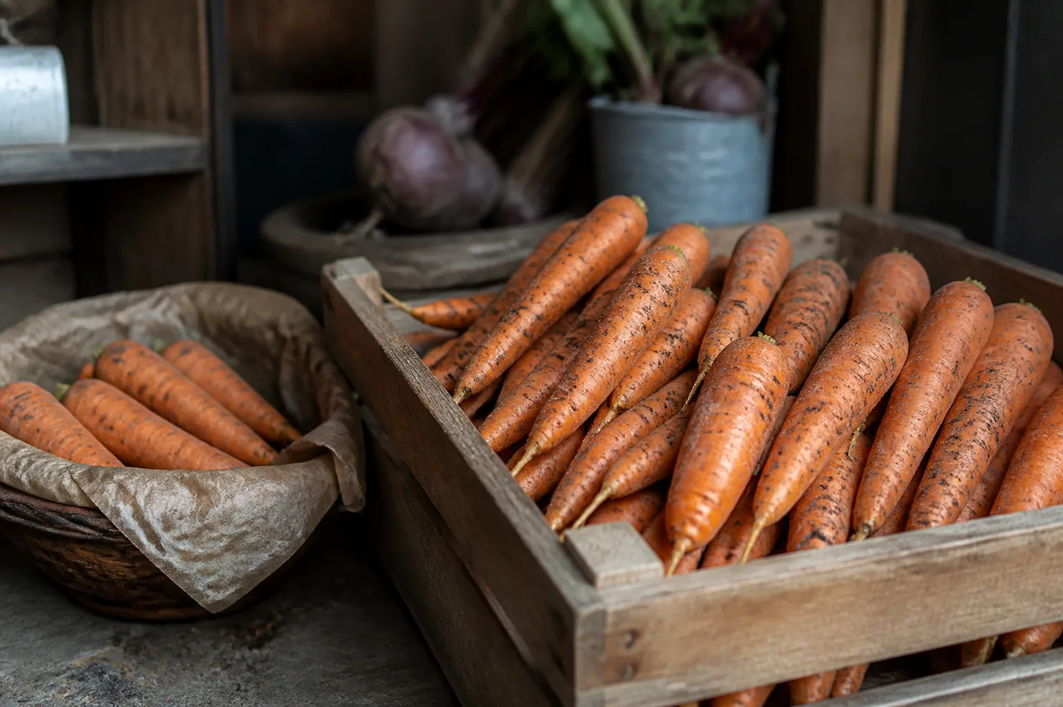 Freshly harvested carrots with their greens removed, arranged for short-term cool storage