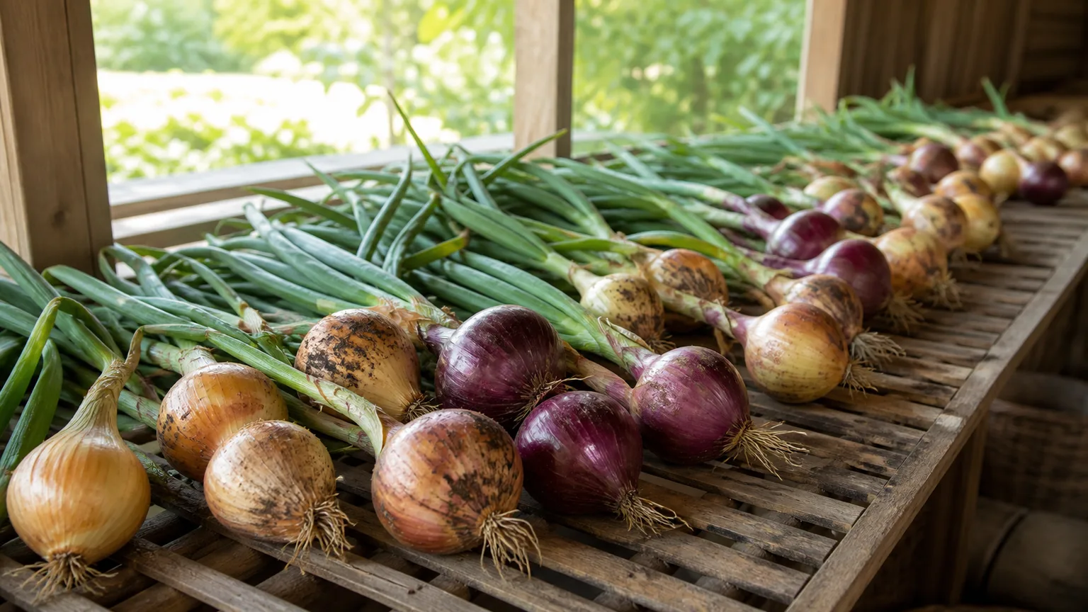 Freshly lifted onions laid on a slatted rack to cure in an airy covered porch