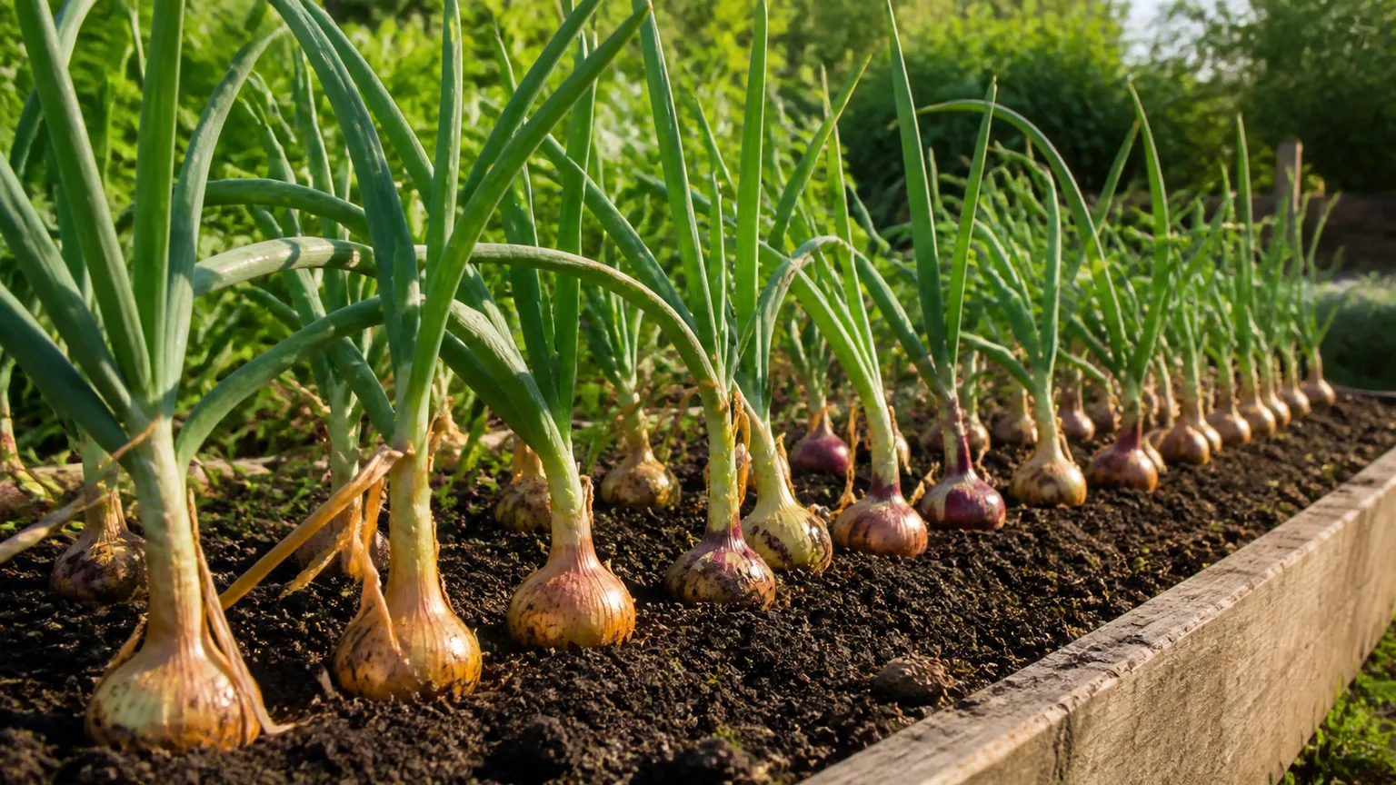 Mature yellow and red onions growing in a sunny raised garden bed with tops beginning to bend