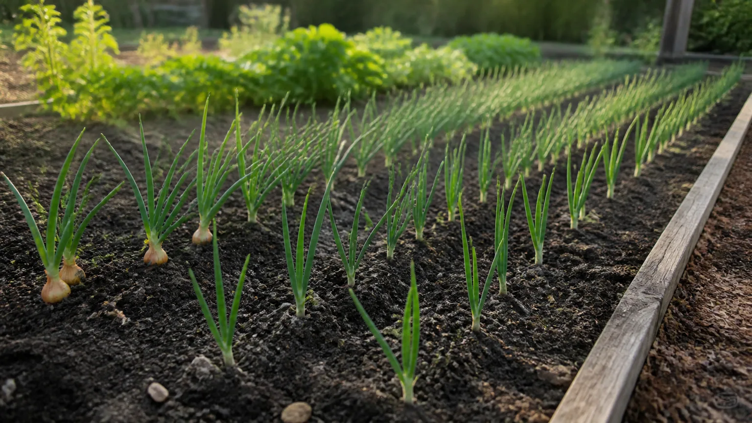 Young onion plants growing in neat rows in a spring vegetable bed
