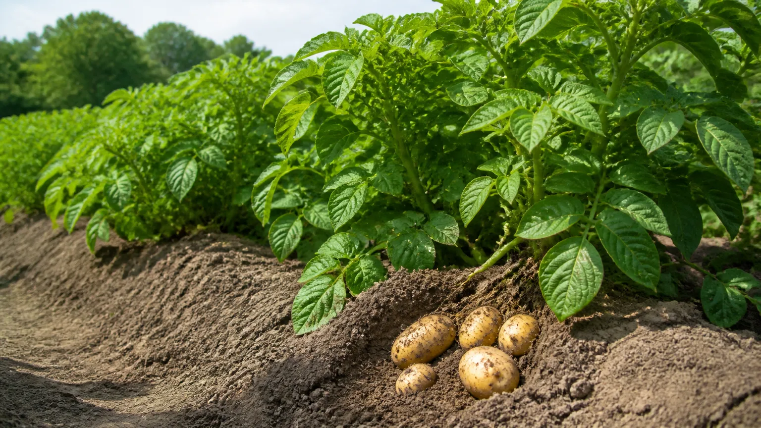Potato plants growing in soil ridges beside freshly unearthed tubers