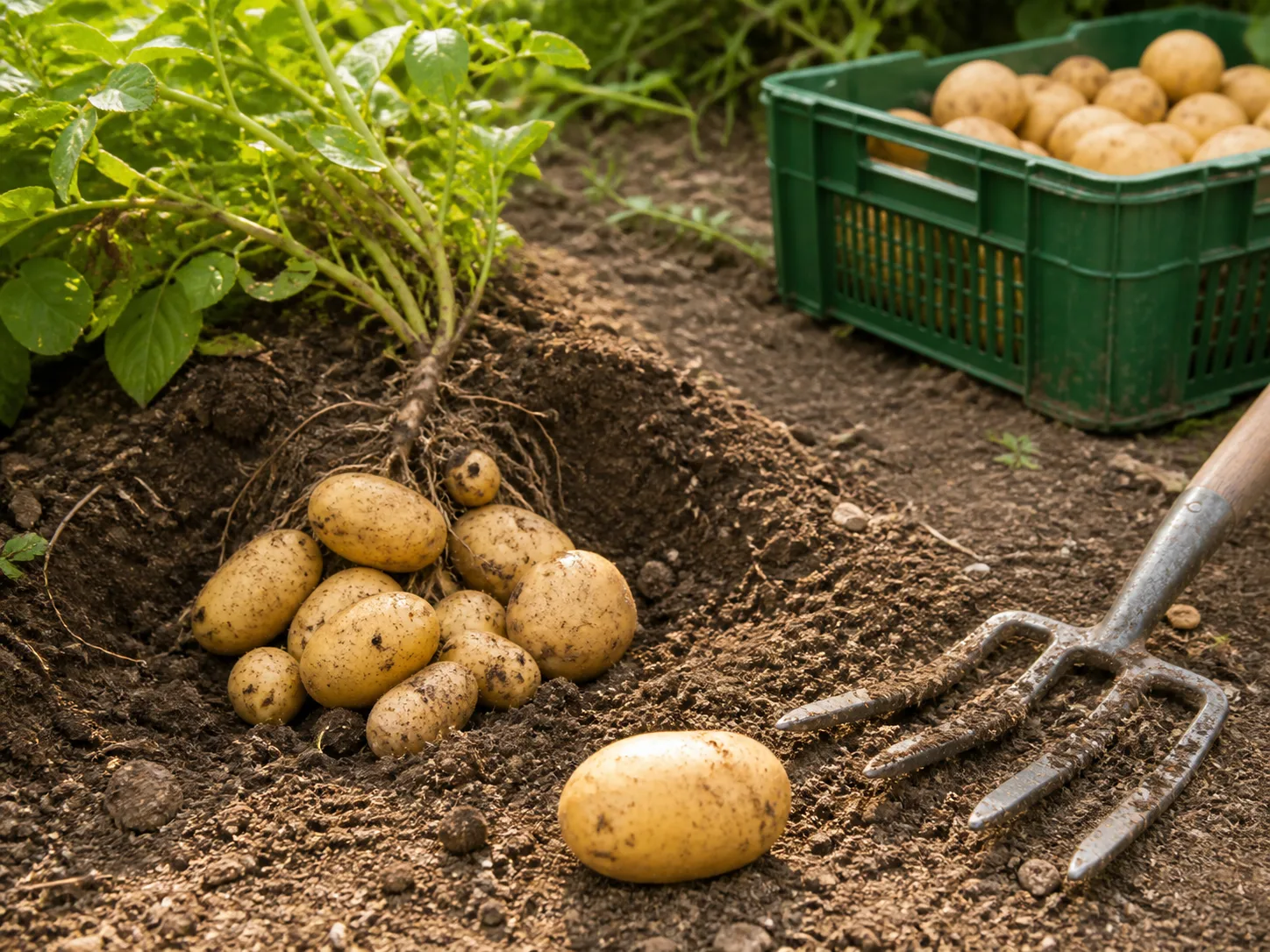 Freshly dug potatoes beside an opened soil ridge and a ventilated harvest crate